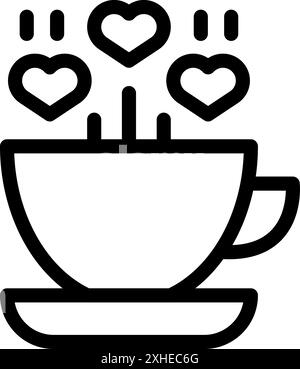 Simple line art illustration of a coffee cup steaming with hearts, perfect for representing love, affection, and warm feelings Stock Vector