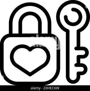 Simple line art illustration of a love lock with a heart shape being unlocked, symbolizing the opening of one's heart to love and affection Stock Vector