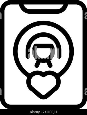 Simple bold outline icon representing a smartphone displaying a woman's dating profile Stock Vector