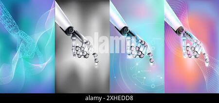 Futuristic robotic versions of hands working in virtual space. Stock Vector