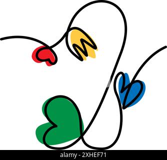 Number 2 with hearts and flowers hand drawn Decorative one continuous line in trendy bright colors. Isolated EPS Vector. lettering, inscriptions, cards, poster, banner, price, label or web, promo idea Stock Vector