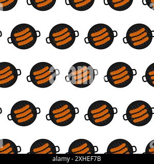 Fried sausages in cast iron grill pan with handles Seamless pattern. Background or wallpaper idea. Vector EPS Isolated. Culinary poster, menu cards, banner, brochure, price, label or web promo concept Stock Vector