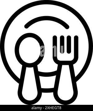 Line art icon of a spoon and fork lying on a plate, perfect for projects related to food and dining Stock Vector