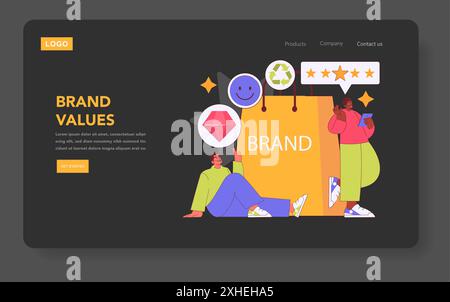 Brand Authenticity concept. Illustration of customers engaging with core brand values, showcasing positive feedback and sustainable practices. Vector illustration. Stock Vector