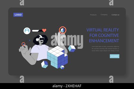 Neuroplasticity concept. A person uses virtual reality for brain training, engaging with 3D puzzles for cognitive enhancement. Vector illustration. Stock Vector