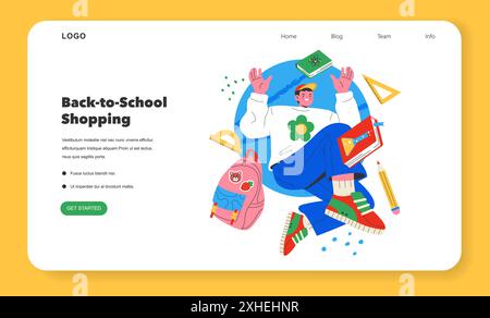 Back-to-school shopping concept. A cheerful student surrounded by school supplies and a backpack. Seamless online purchasing experience. Vector illustration. Stock Vector