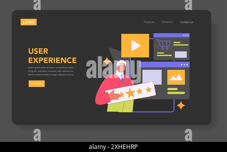 Customer Engagement concept. Illustration of a person holding a star rating showing satisfaction with user experience in a digital interface. Website feedback and usability. Vector illustration. Stock Vector