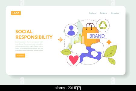 Social responsibility concept. Illustration of ethical brand practices with eco-friendly elements. Global caring, community involvement, and consumer awareness. Vector illustration. Stock Vector