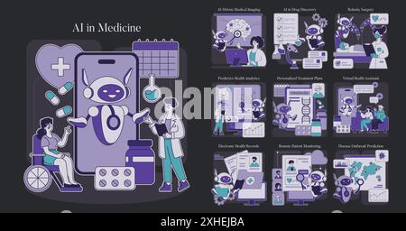 AI in Medicine set. Advances in healthcare technology with AI applications in diagnostics, treatment, and patient care. Robotics and data analytics featured. Vector illustration. Stock Vector
