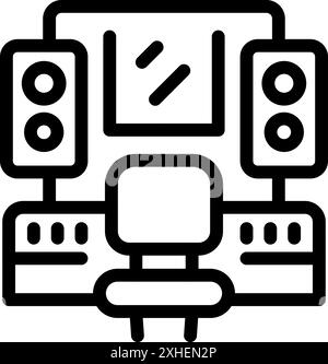 Line art icon of a sound engineer working in a recording studio with professional equipment, ideal for websites and mobile apps Stock Vector