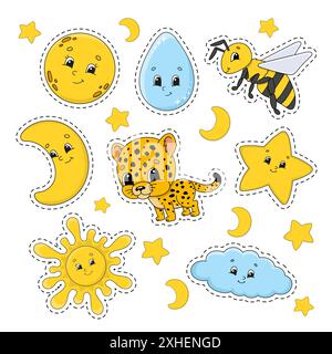 Set of stickers with cute cartoon characters. Cute clipart. Hand drawn. Colorful pack. Vector illustration. Patch badges collection. Label design elem Stock Vector