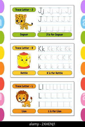 Writing letters. Set tracing page. Practice sheet. Worksheet for kids. Learn alphabet. Cute characters. Vector illustration. Cartoon style. Stock Vector