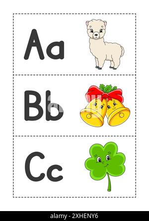 English alphabet with cartoon characters. Flash cards. Vector set. Bright color style. Learn ABC. Lowercase and uppercase letters. Stock Vector