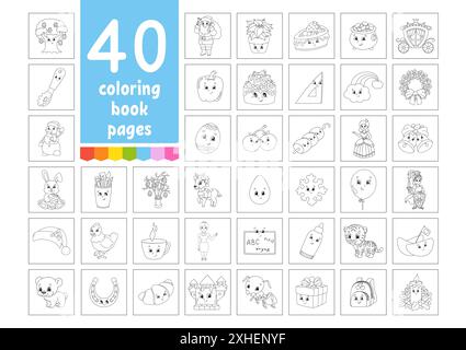 A large set of coloring books for children. Cute cartoon characters. Pages for coloring. Christmas, summer, animals, vegetables, food, easter. Vector Stock Vector