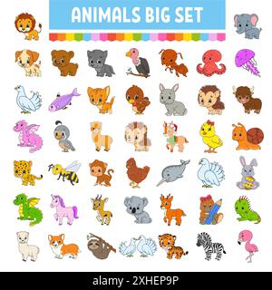 Set of stickers with cute cartoon characters. Hand drawn. Colorful pack. Vector illustration. Patch badges collection for kids. For daily planner, org Stock Vector