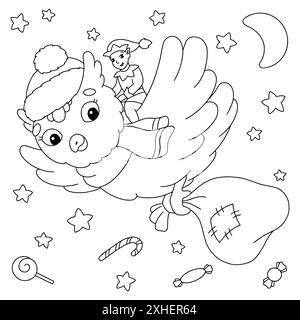 The elf delivers Christmas gifts. Coloring book page for kids. Cartoon style character. Vector illustration isolated on white background. Stock Vector