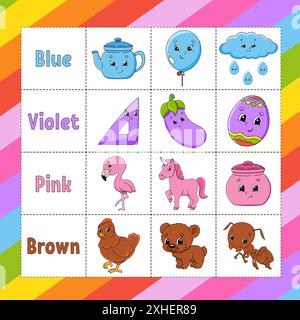 Learning colors. Flashcard for kids. Cute cartoon characters. Picture set for preschoolers. Education worksheet. Vector illustration. Stock Vector