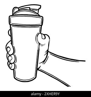 A man holds a protein shaker in his hand. Outline silhouette. Design element. Vector illustration isolated on white background. Template for books, st Stock Vector