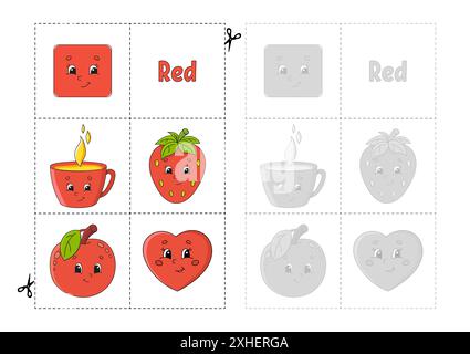 Learning colors for kids. Cut and play. Cute cartoon characters. Picture set for preschoolers. Education worksheet. Vector illustration. Stock Vector