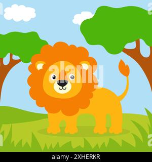 A cute lion is standing on the grass. Beautiful landscape. Colored background for your design. For wallpapers, covers, postcards, banners. Vector illu Stock Vector