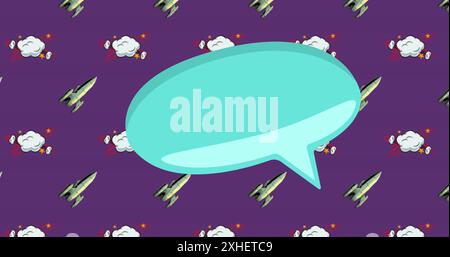 Image of speech bubble and icons over purple background Stock Photo