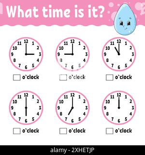 Learning time on the clock. Educational activity worksheet for kids and toddlers. Game for children. Simple flat isolated color vector illustration in Stock Vector