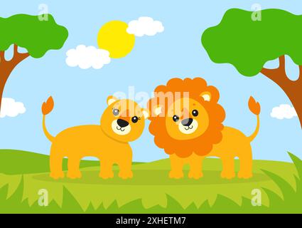 Cute lion and lioness. Wild animal. Cartoon character. Colorful vector illustration. Isolated on color background. Design element. Template for your d Stock Vector