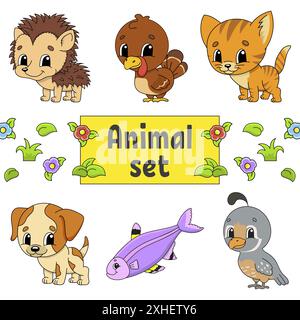 Set of stickers with cute cartoon characters. Animal clipart. Hand drawn. Colorful pack. Vector illustration. Patch badges collection. Label design el Stock Vector
