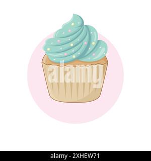 Delicious Small Cupcake with Whipped Cream and Sprinkles in brown Cup on a Pink Circle Background. Cartoon Muffin Vector Illustration. Stock Vector