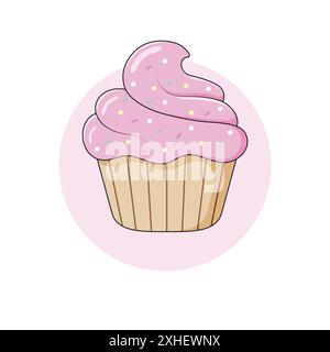 Delicious Small Cupcake with Strawberry cream in brown Cup on a Pink Circle Background. Cartoon Muffin with Pink Whipped Cream Vector Illustration. Stock Vector