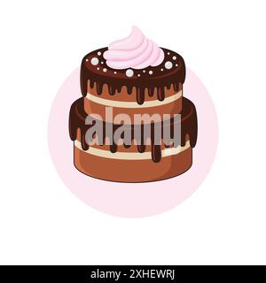 Delicious Layer Chocolate Cake with Cream Filling, Chocolate Topping, Whipped Cream and Sprinkles on top. Cartoon Cake Vector Illustration. Stock Vector