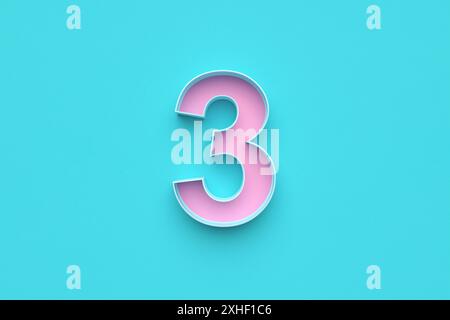 Pink number three on blue background. 3D render. Stock Photo