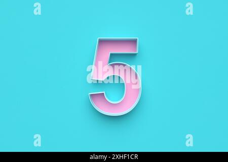 Pink number five on blue background. 3D render. Stock Photo