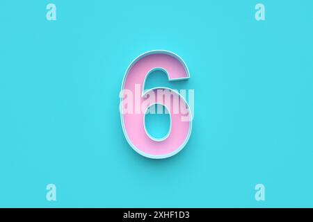 Pink number six on blue background. 3D render. Stock Photo