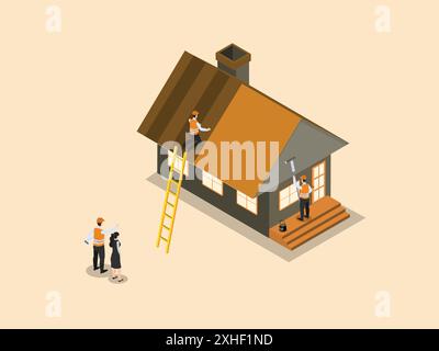 Woman and contractor looking at construction worker Stock Vector