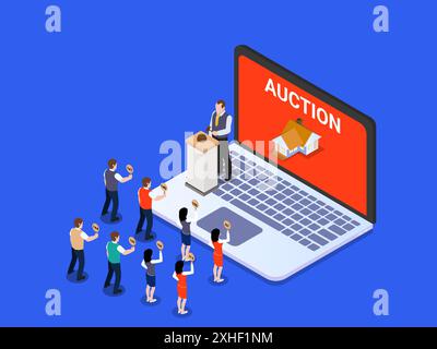 Online house auction on laptop computer website Stock Vector