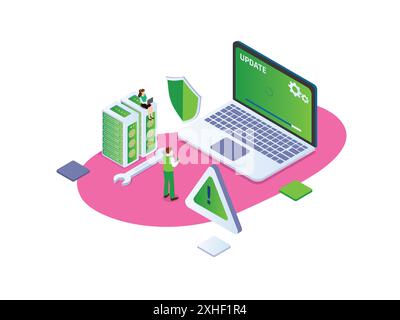 Worker specialists updating software, programs and applications Stock Vector