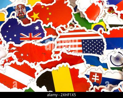 International country flag stickers. China Turkey USA and many more countries map stickers close-up Stock Photo