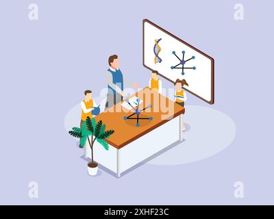 Physics teacher explaining molecule model to students in the laboratory Stock Vector