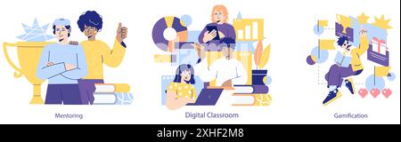 Online Education set. Showcasing mentoring support, digital classroom engagement, and interactive learning through gamification. Vector illustration. Stock Vector