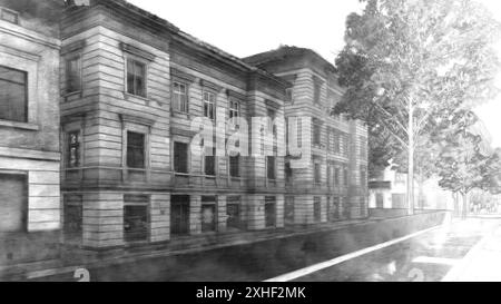 Black and white sketch of city buildings on the side of the road and several trees Stock Photo