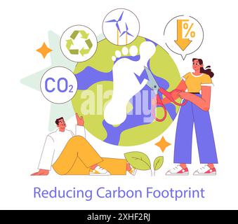 Social Responsibility concept. Individuals reducing carbon footprint for a greener Earth. Actions to decrease CO2 emissions and promote sustainability. Vector illustration. Stock Vector