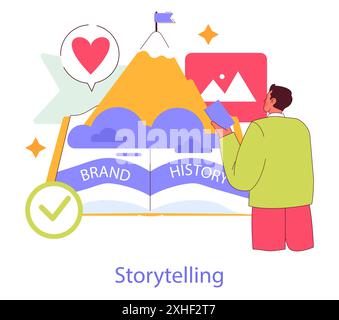 Brand Authenticity concept. Engaging narrative illustrating a journey of brand evolution. Trust, love, and history in brand storytelling. Vector illustration. Stock Vector