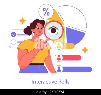 Digital Strategy concept. A woman analyzes data with a magnifying glass, pie charts, and polling results. Audience engagement analysis for informed decisions. Vector illustration. Stock Vector