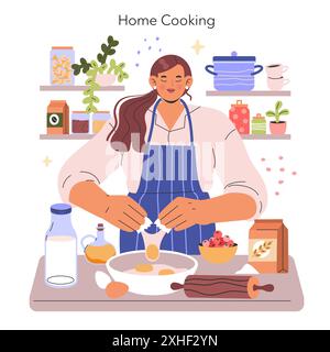 Housewife concept. A joyful woman prepares a meal in a cozy kitchen, surrounded by fresh ingredients. Domestic life and culinary skills. Vector illustration. Stock Vector