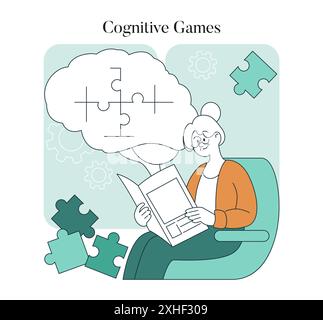 Senior woman engaged in brain exercises to promote mental health. Cognitive enhancement through puzzles and memory games. Vector illustration. Stock Vector