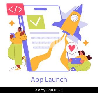 Branded App concept. A successful mobile application launch with users engaging and a rocket symbolizing the start. Innovation in technology and communication. Vector illustration. Stock Vector