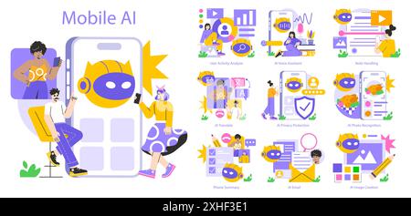 Mobile AI concept. Illustration capturing various artificial intelligence applications on mobile devices, including translation and voice assistance. Vector illustration. Stock Vector