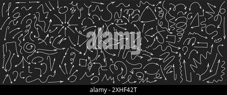 Arrow pointers doodle white 2d line vector icons bundle in negative space. Navigation symbols hand drawn illustration set black and white Stock Vector