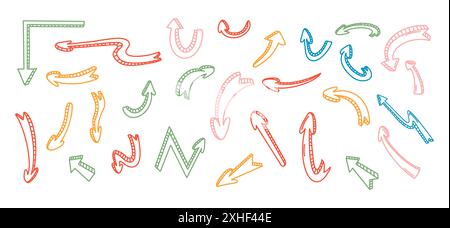 Arrow shapes with 3d effect doodle line vector artwork bundle on white background. Multiple pointers color isolated hand drawn illustration set Stock Vector